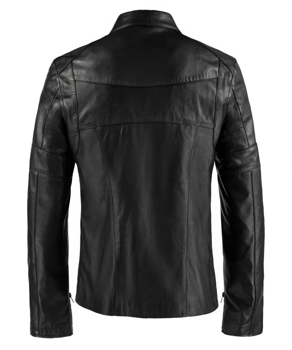 Back view of vintage black leather jacket with slim fit styling