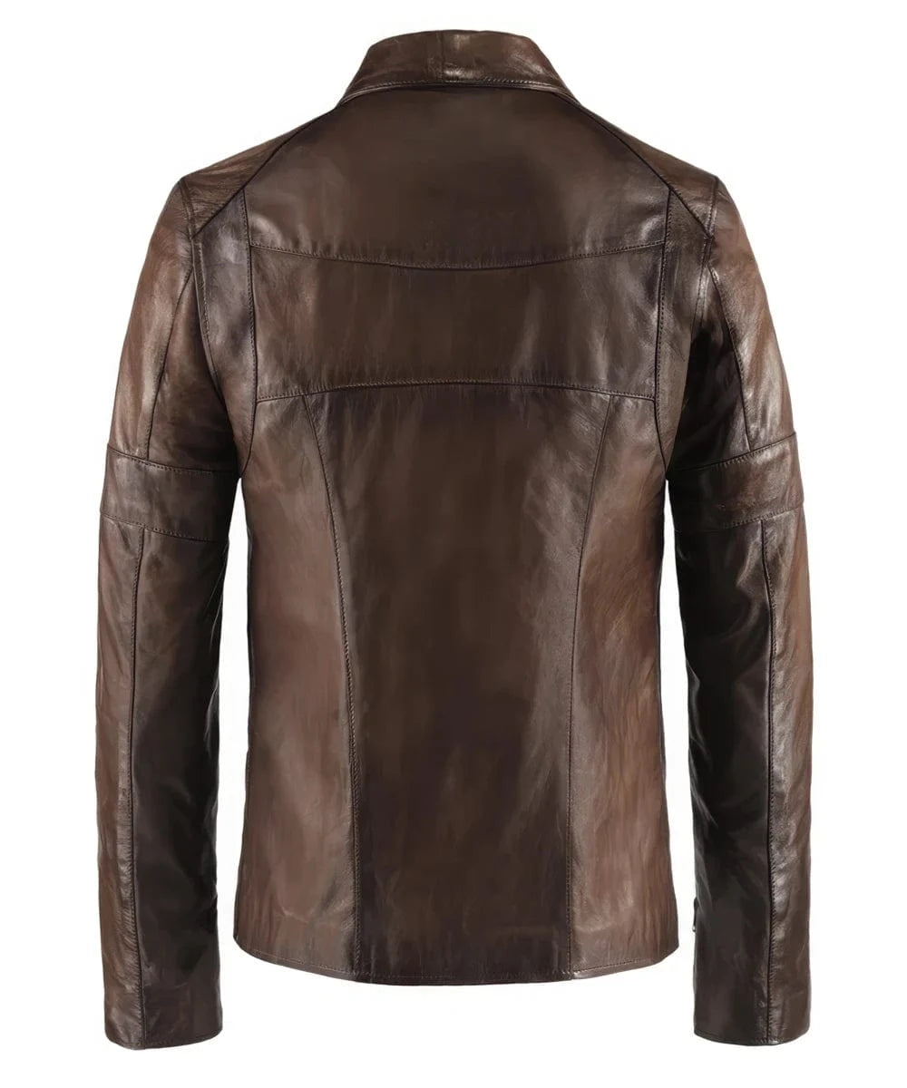 Back view of vintage brown leather jacket with slim fit styling and antique finish