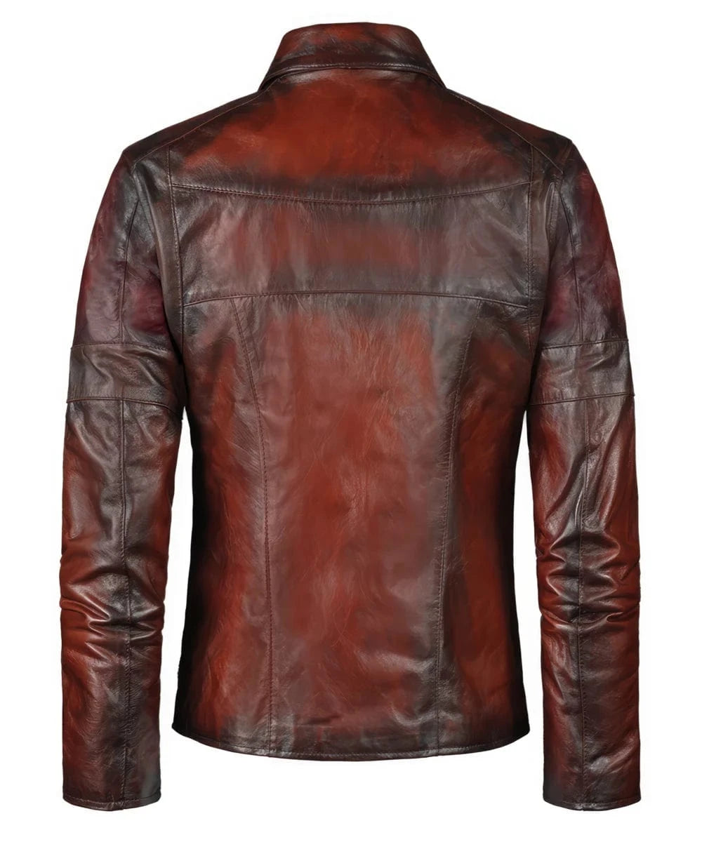 Back view of vintage red leather jacket with slim fit styling and distressed finish