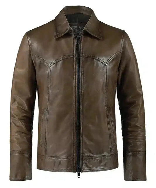 Vintage brown leather jacket with slim fit styling and western inspired yoke detailing