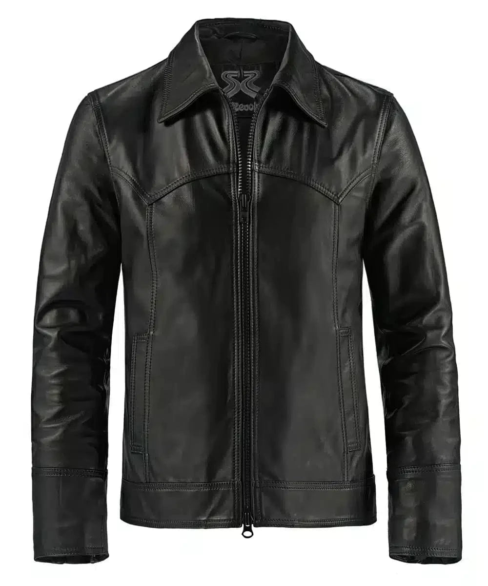 Black leather jacket with slim fit vintage styling and retro western inspired yoke detailing