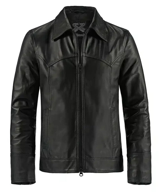Black leather jacket with slim fit vintage styling and retro western inspired yoke detailing