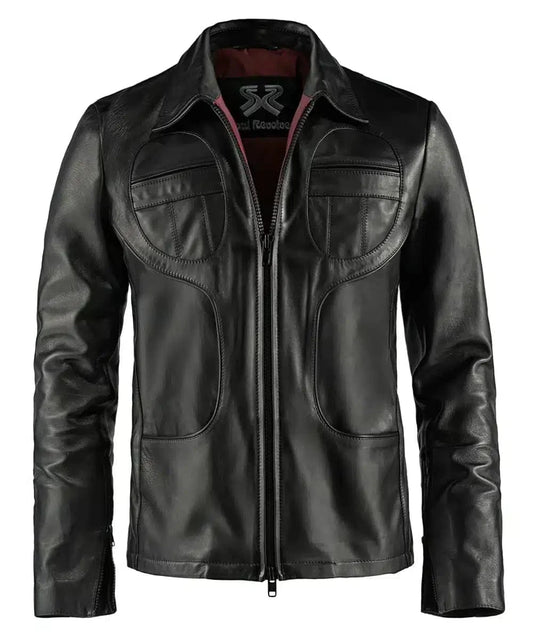 Front view of vintage black leather jacket with slim fit styling and distinctive panel detailing