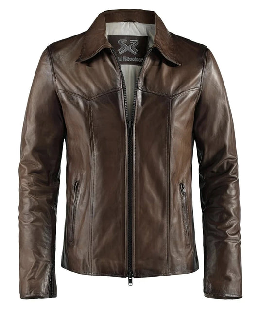 Front view of vintage brown leather jacket with slim fit styling and distinctive seam detailing