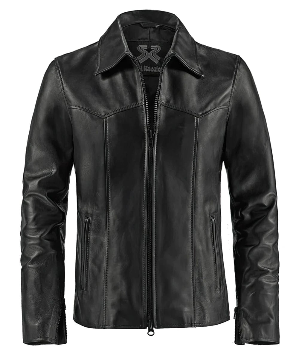 Front view of vintage black leather jacket with slim fit styling and distinctive seam detailing