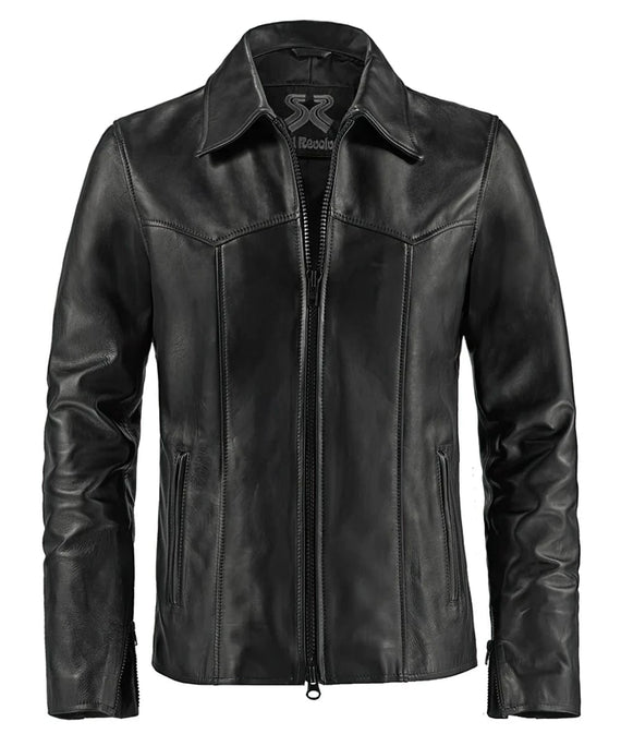 Front view of vintage black leather jacket with slim fit styling and distinctive seam detailing