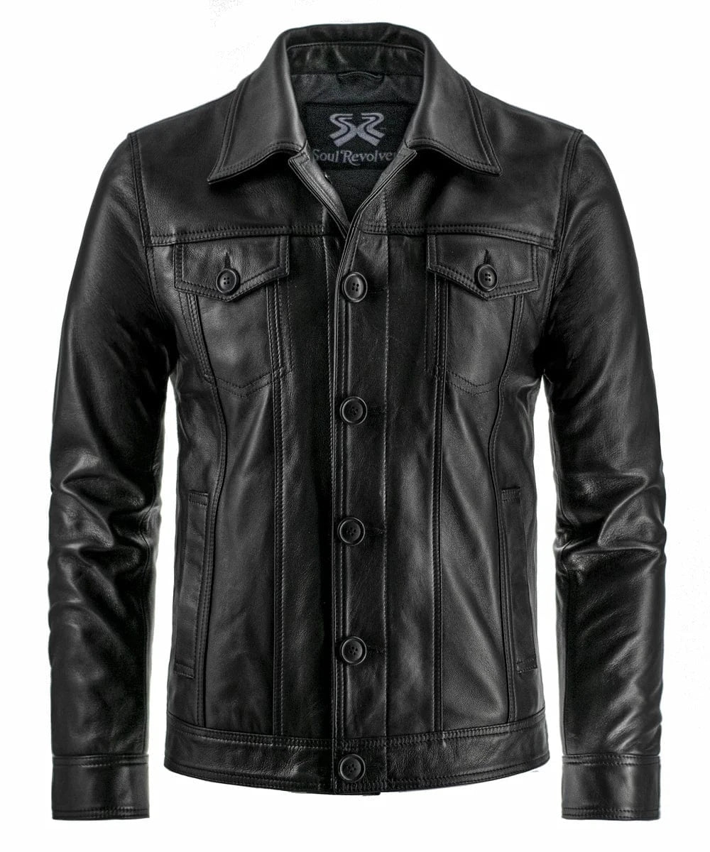 Front view of vintage black leather trucker jacket with slim fit styling and classic trucker inspired design