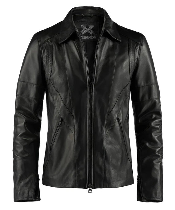 Front view of vintage black leather jacket with slim fit styling and zip front design