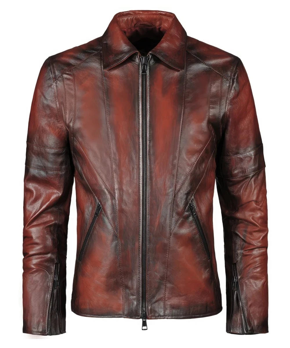Front view of vintage red leather jacket with slim fit styling and distressed finish