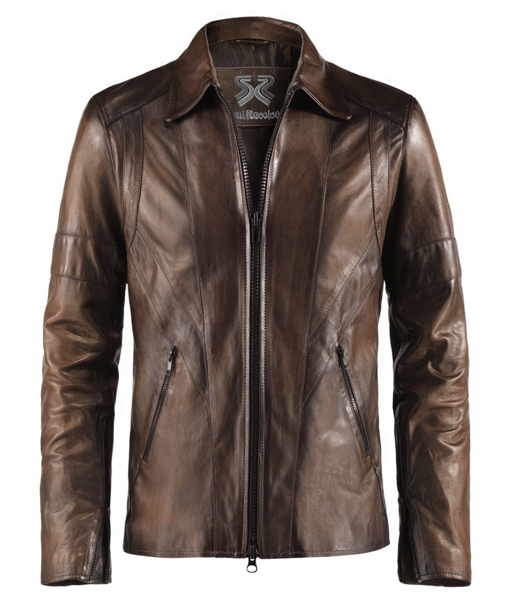 Front view of vintage brown leather jacket with slim fit styling and antique finish