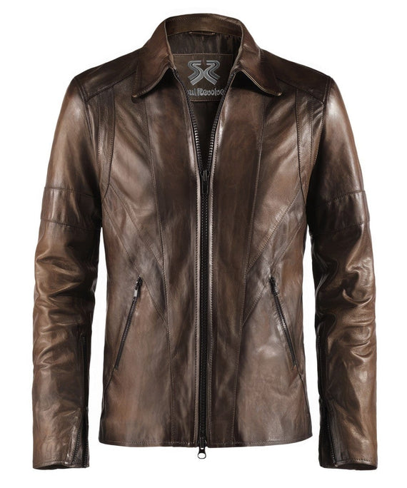 Front view of vintage brown leather jacket with slim fit styling and antique finish