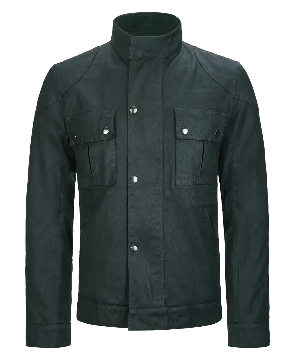 Front view of vintage green cotton jacket with slim fit styling and zip closure with popper button front storm flap
