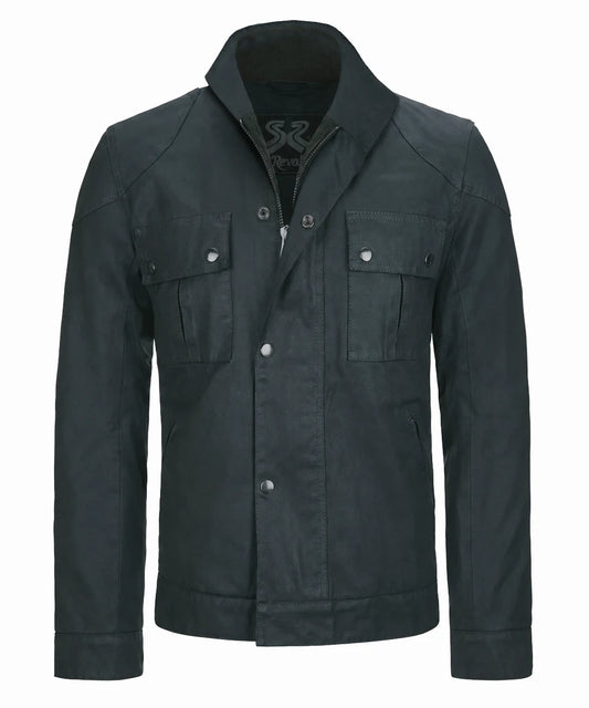 Front view of vintage green cotton jacket with slim fit styling and upright collar