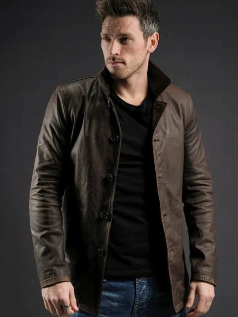 Model wearing Winchester brown Italian calf leather coat open shot