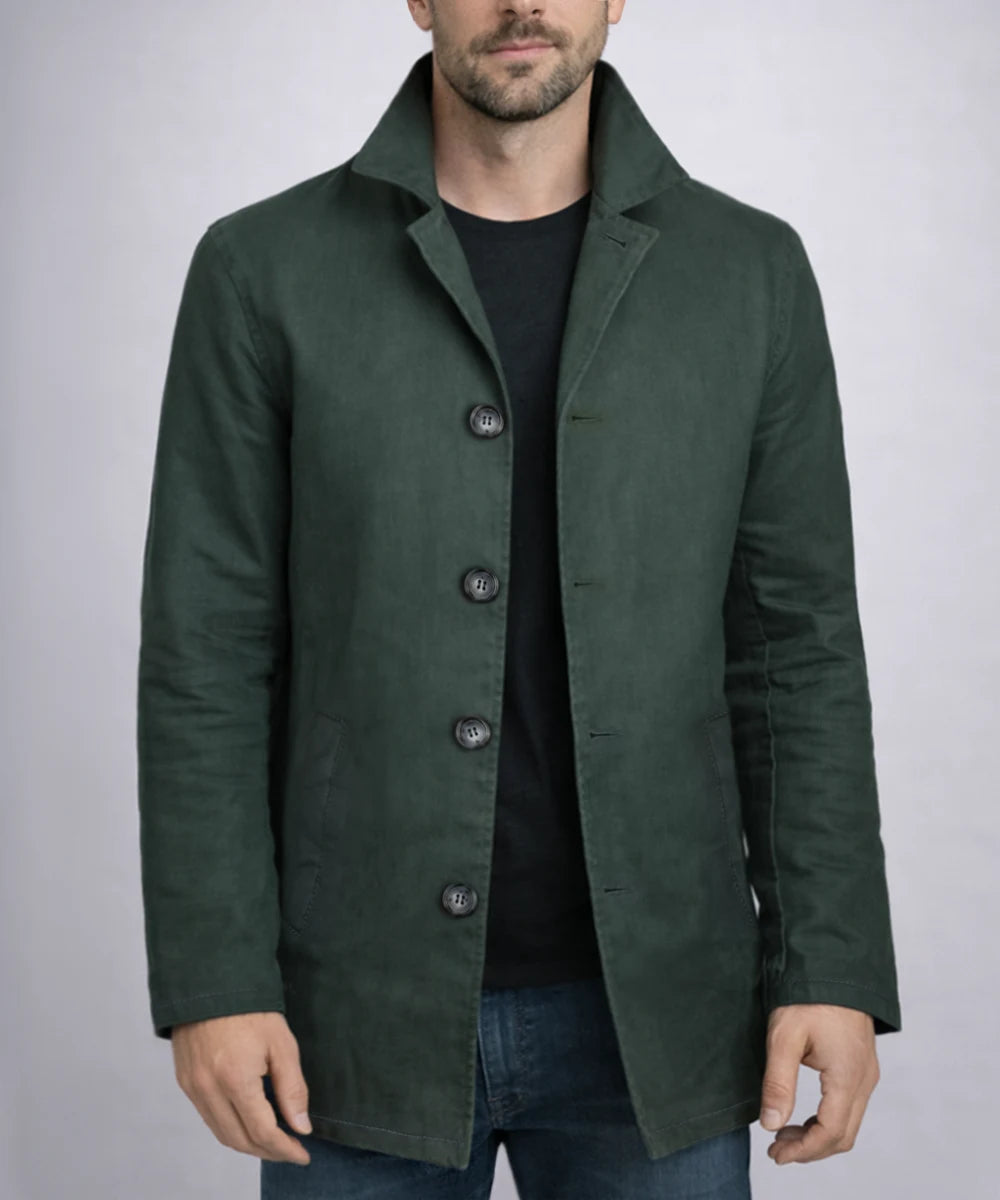 Model wearing Dean Winchester Supernatural green cotton jacket unbuttoned
