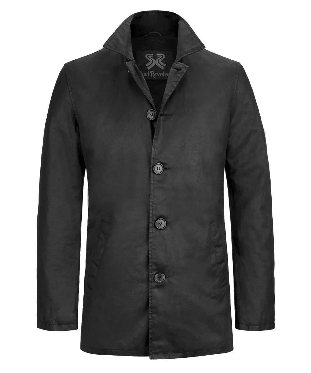 Front view of Dean Winchester Supernatural black cotton jacket buttoned up