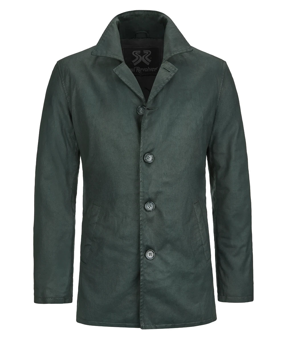 Front view of Dean Winchester Supernatural replica green cotton jacket with vintage styling