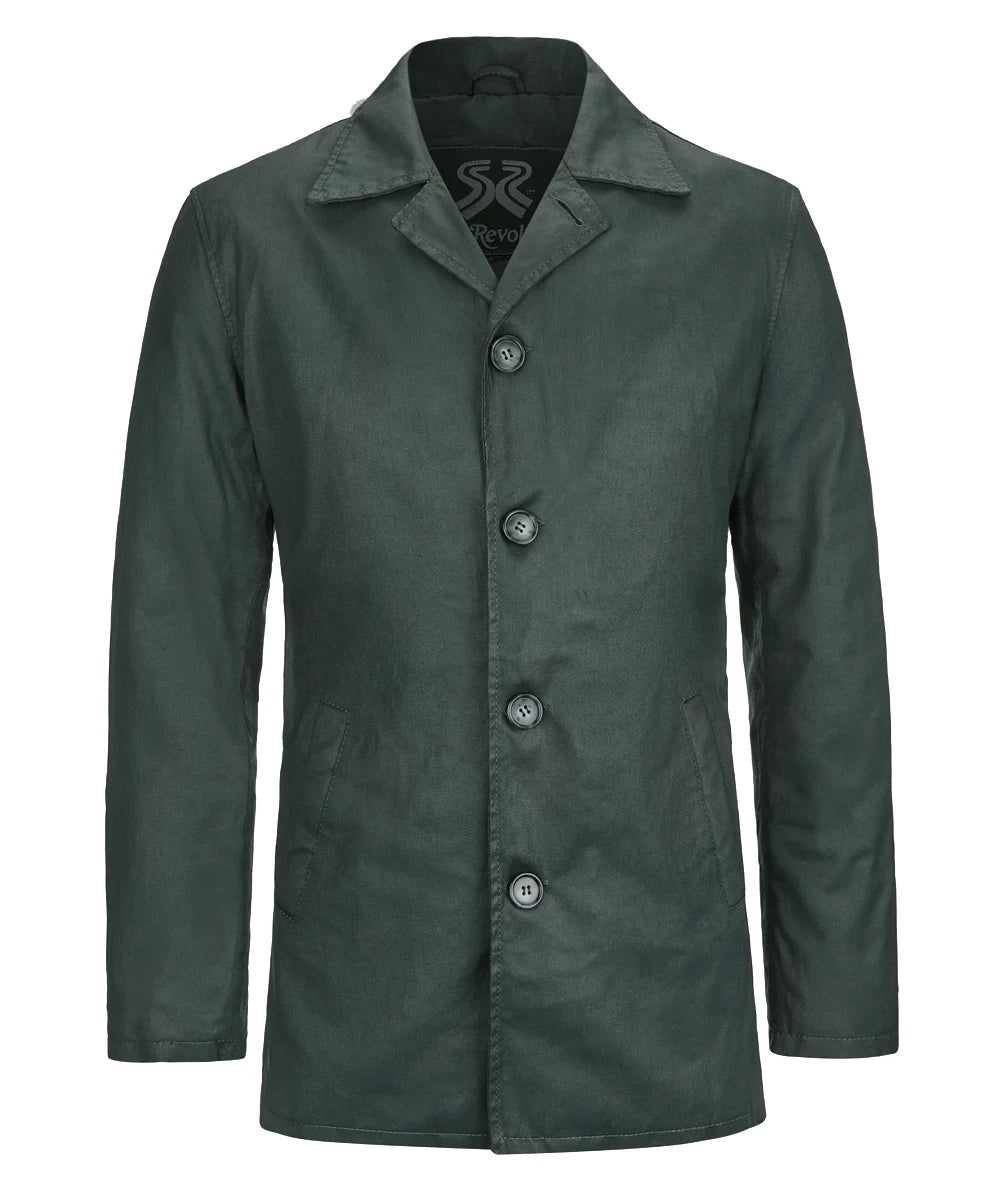 Front view of Dean Winchester Supernatural replica green cotton jacket with vintage styling
