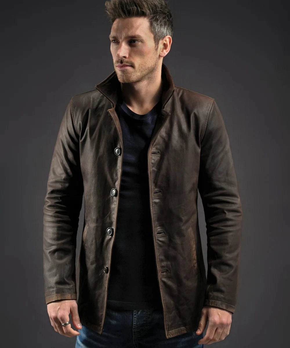 Model wearing Dean Winchester Supernatural replica brown calf leather jacket with vintage styling