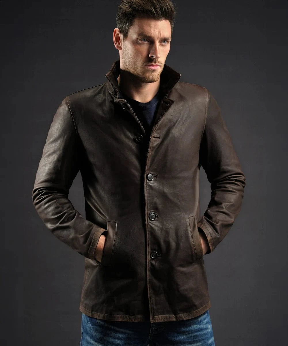 Model wearing Dean Winchester Supernatural replica brown calf leather jacket with vintage styling