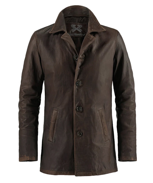 Front view of Dean Winchester Supernatural replica brown calf leather jacket with vintage styling