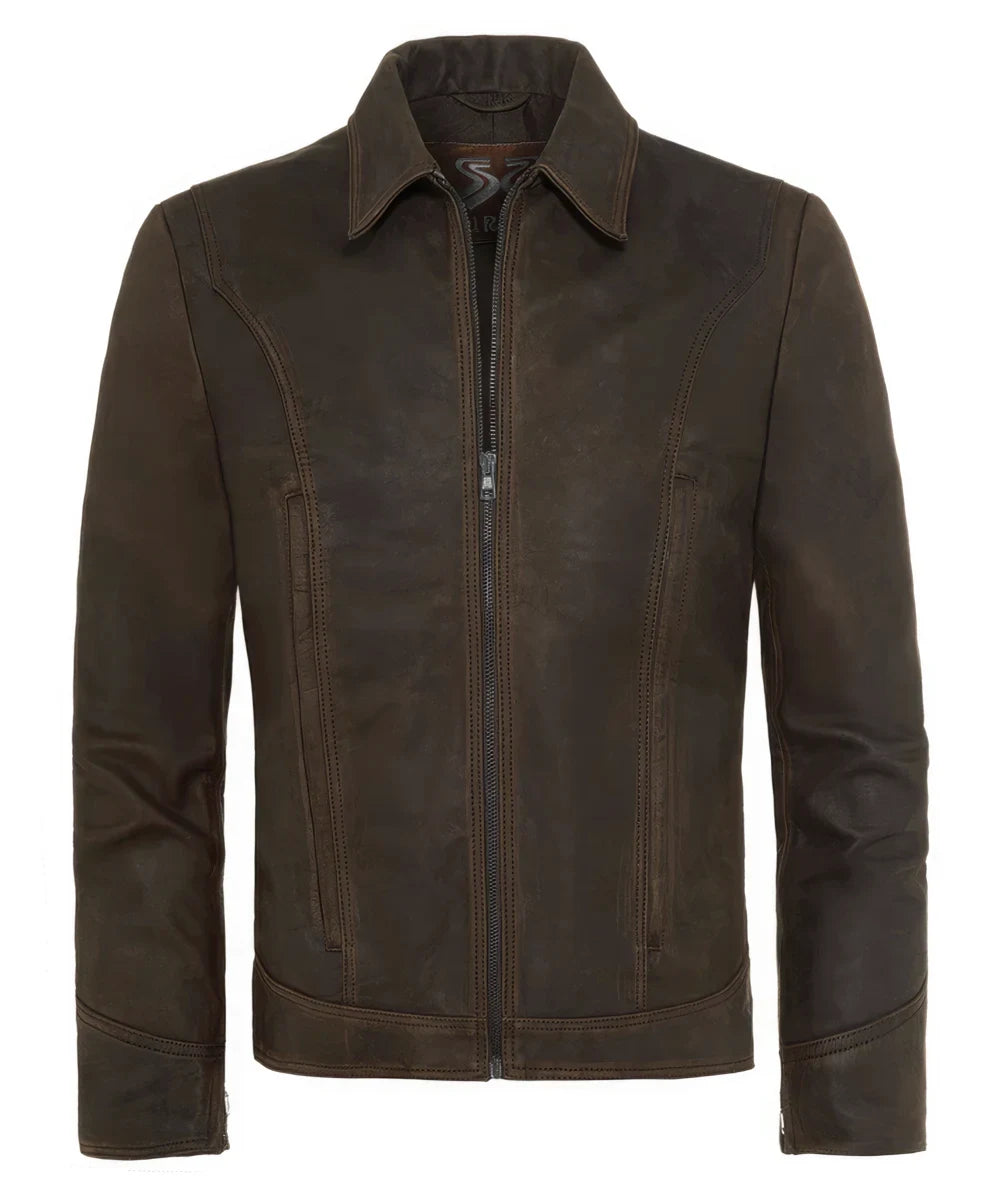 Back view of Logan Wolverine X-Men Days of Future Past replica brown calf leather jacket with vintage styling