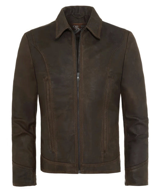 Front view of  Wolverine X-Men Days of Future Past brown premium calf leather jacket with vintage collar styling