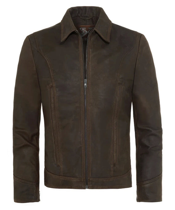 Front view of  Wolverine X-Men Days of Future Past brown premium calf leather jacket with vintage collar styling