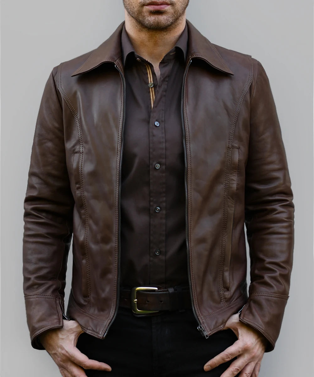 Model wearing Logan Wolverine X-Men Days of Future Past replica brown leather jacket with vintage styling