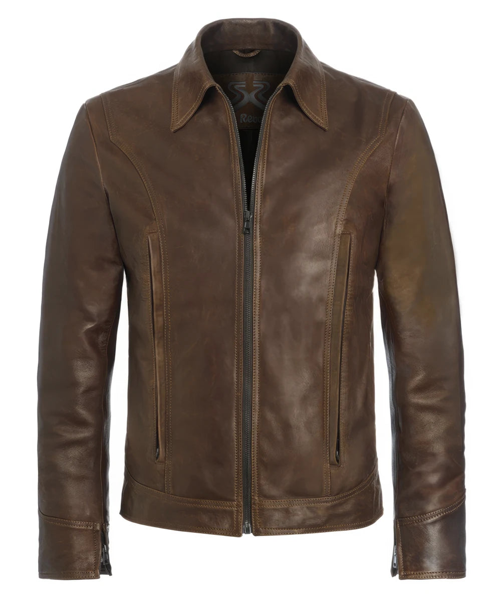 Front view of Logan Wolverine X-Men Days of Future Past replica brown leather jacket with vintage styling
