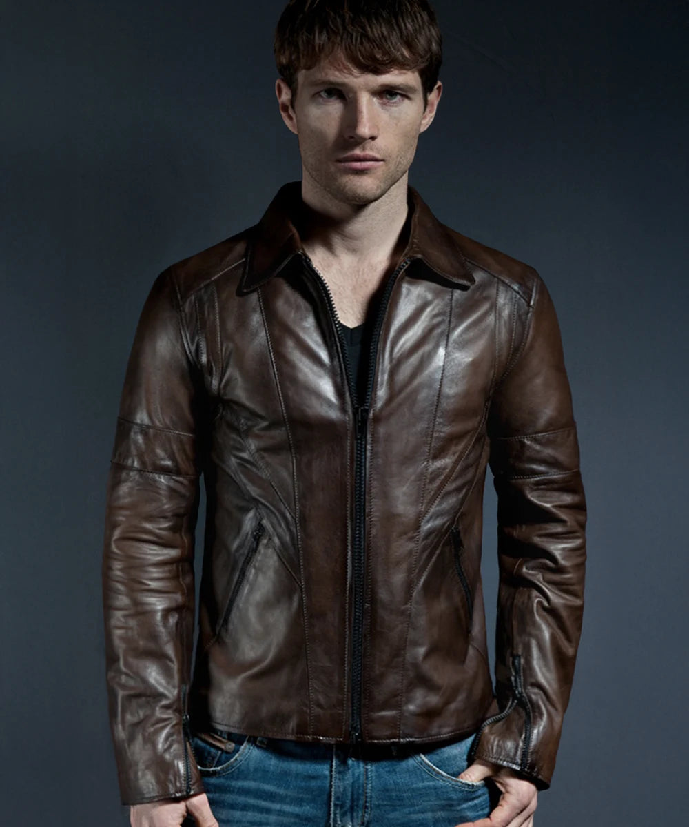 Model wearing vintage brown leather jacket with slim fit styling and antique finish