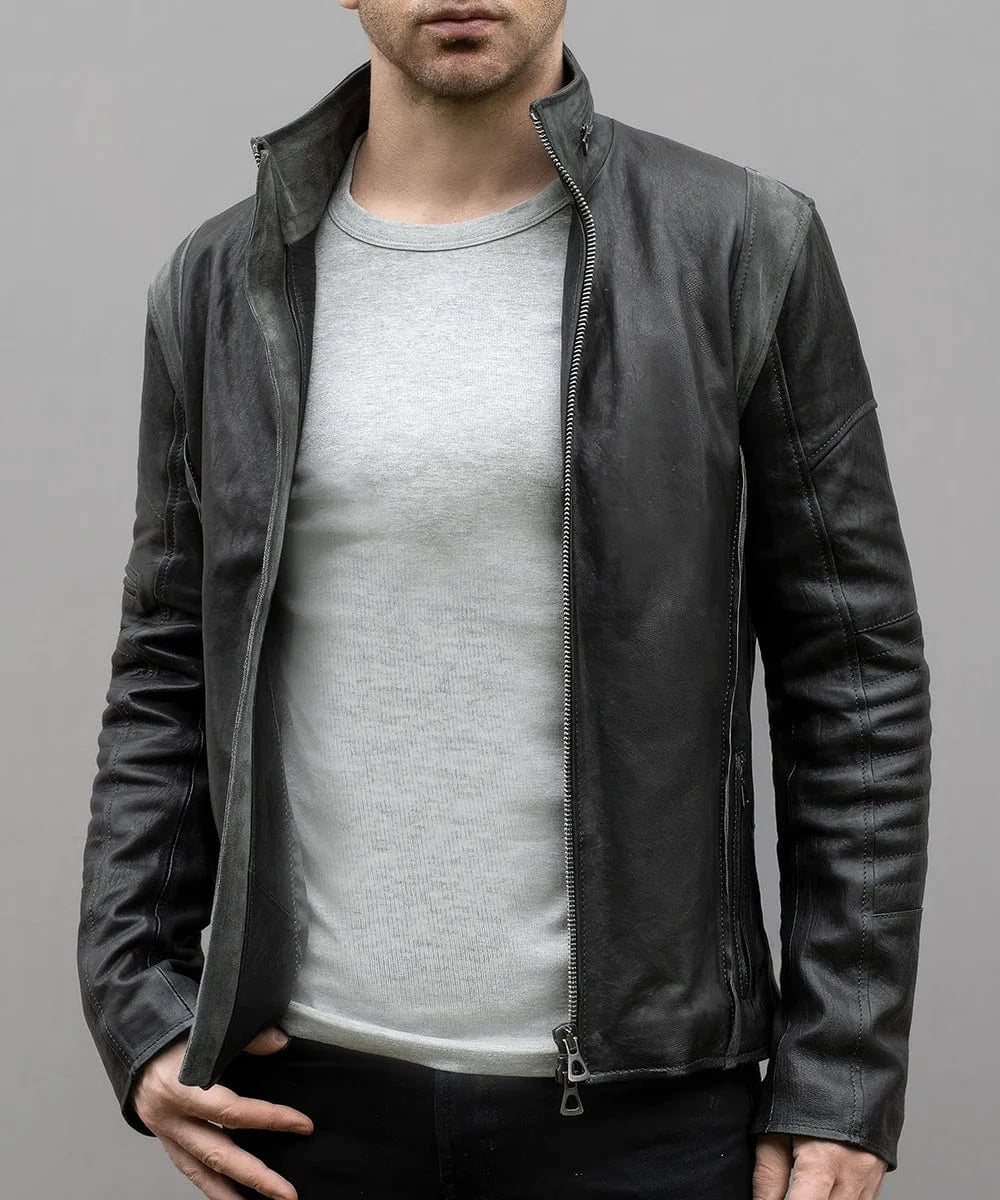 Menâ€™s grey leather A-10 jacket worn open by model