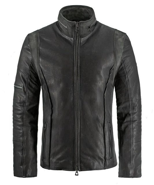 Grey leather A-10 jacket with zip front and panel detailing