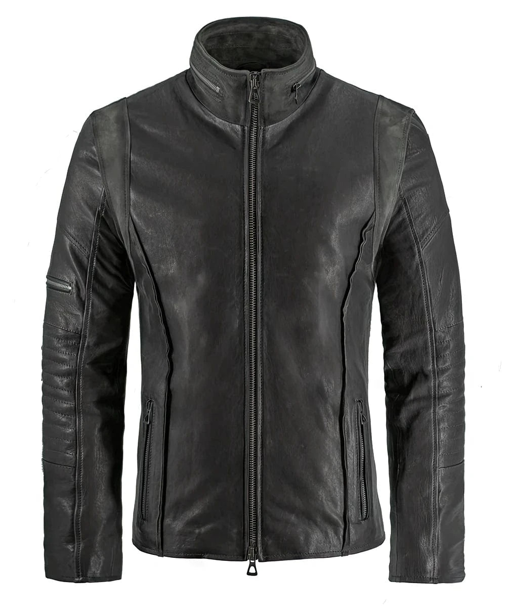 Grey leather A-10 jacket with zip front and panel detailing