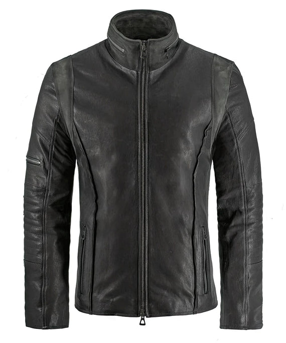 Grey leather A-10 jacket with zip front and panel detailing