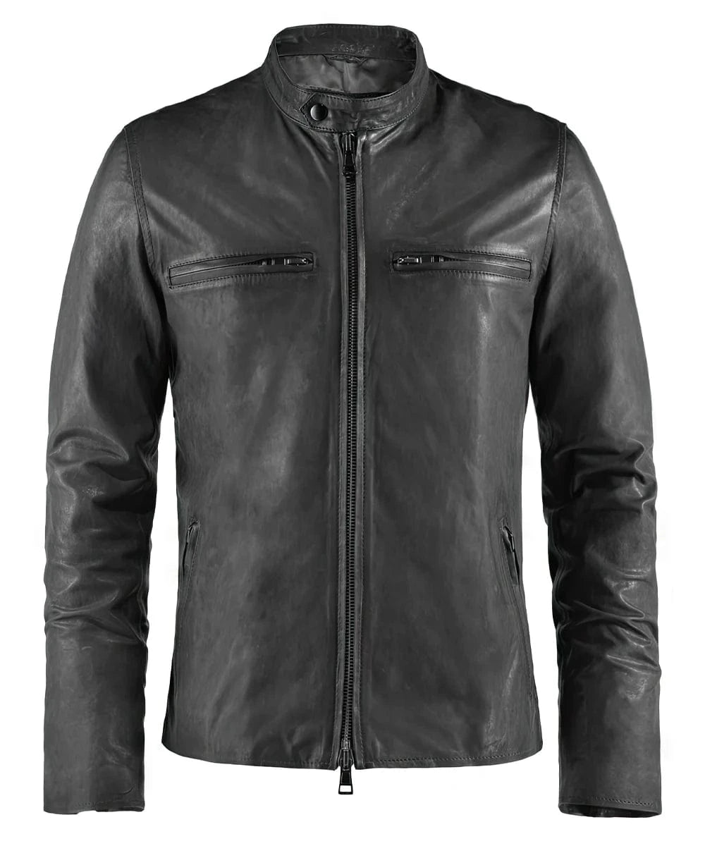 Grey cafe racer leather jacket with stand collar and zip chest pockets front view
