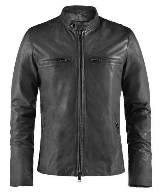 Grey cafe racer leather jacket with stand collar and zip chest pockets front view
