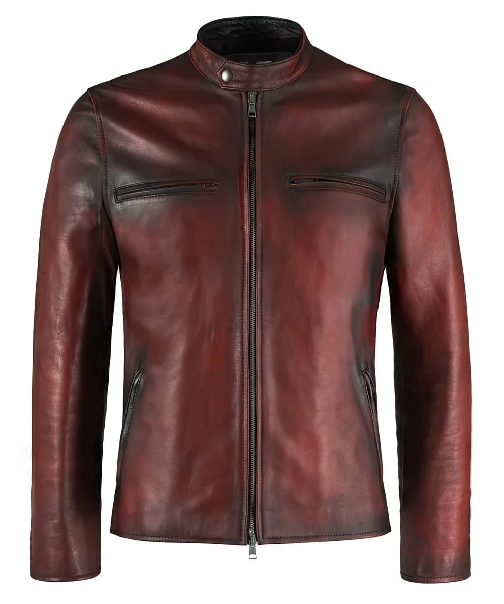 Red cafe racer leather jacket with stand collar and zip chest pockets front view