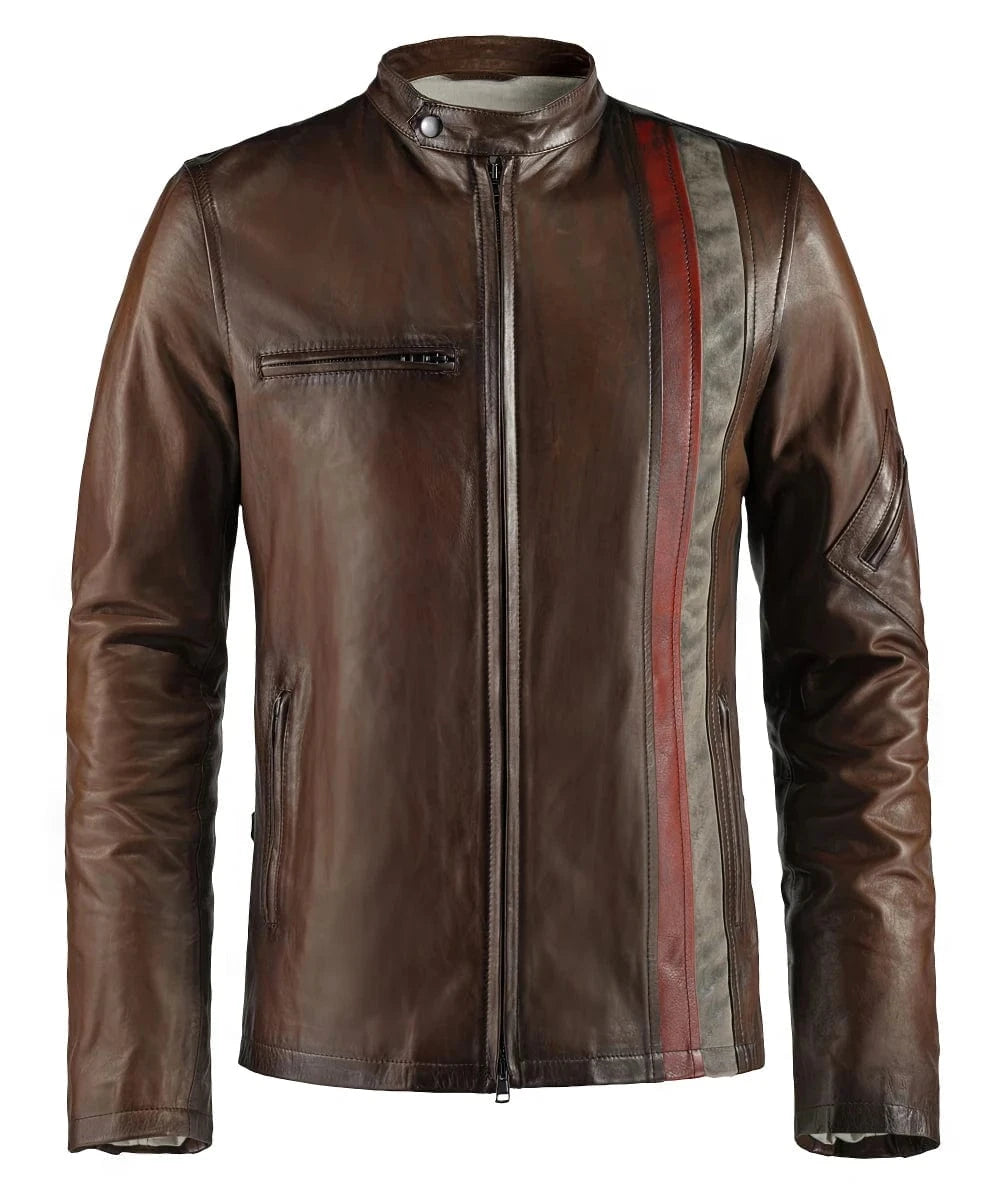 Brown Cyclops replica leather jacket with red and distressed white racing stripe front view