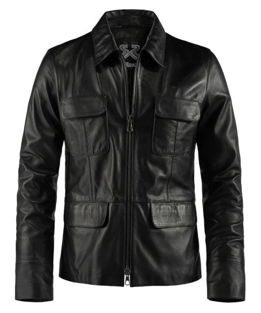 Black Damon Salvatore replica leather jacket with utility pockets and zip front view