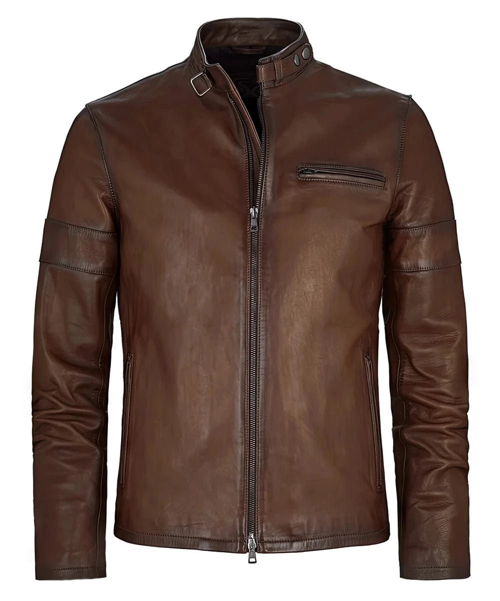 Brown Daytona leather jacket with buckle collar and zip chest pocket front view