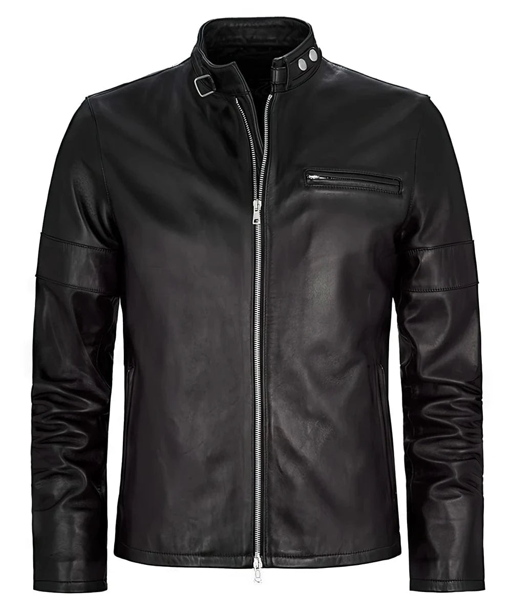 Black Daytona leather jacket with buckle collar and zip chest pocket front view