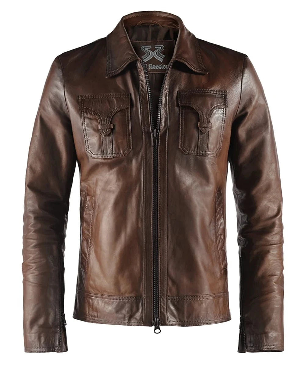 Brown vintage leather jacket for men with western chest pockets and zip front view