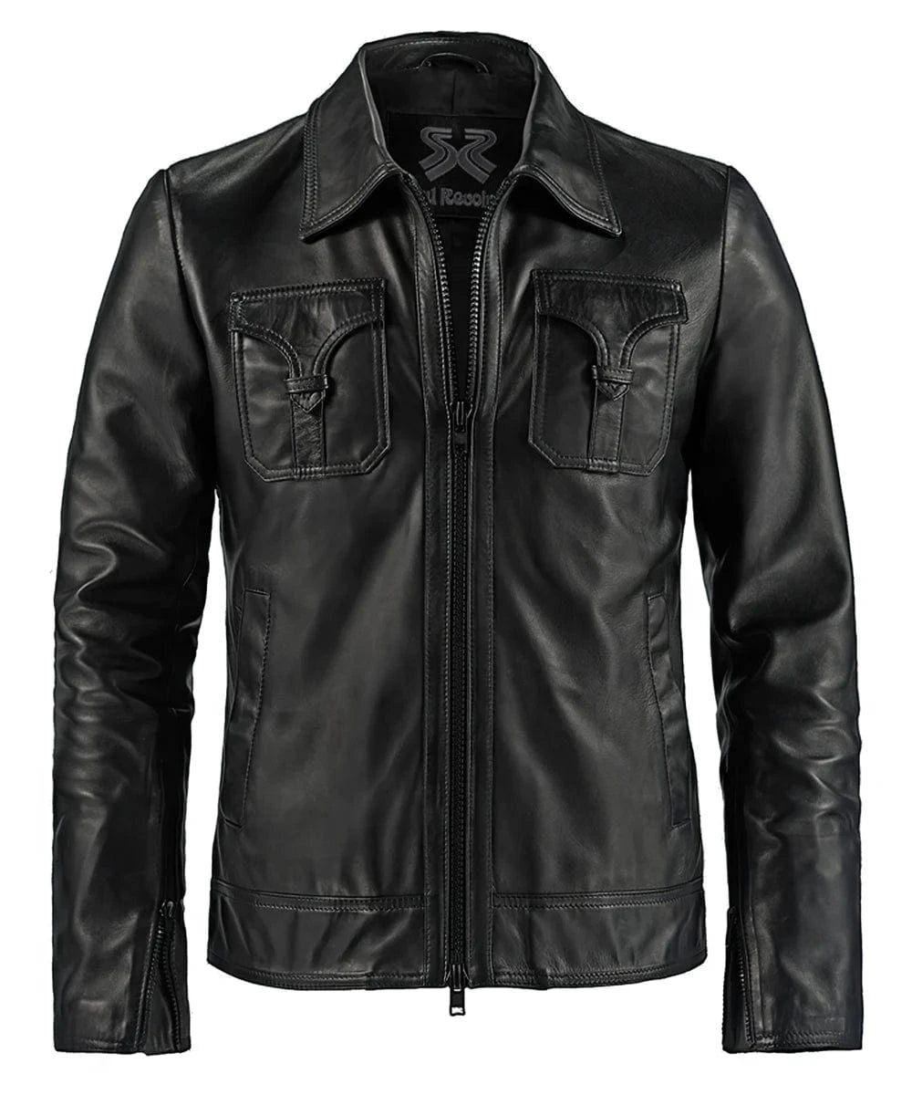 Vintage style black leather jacket with western chest pockets and zip front view