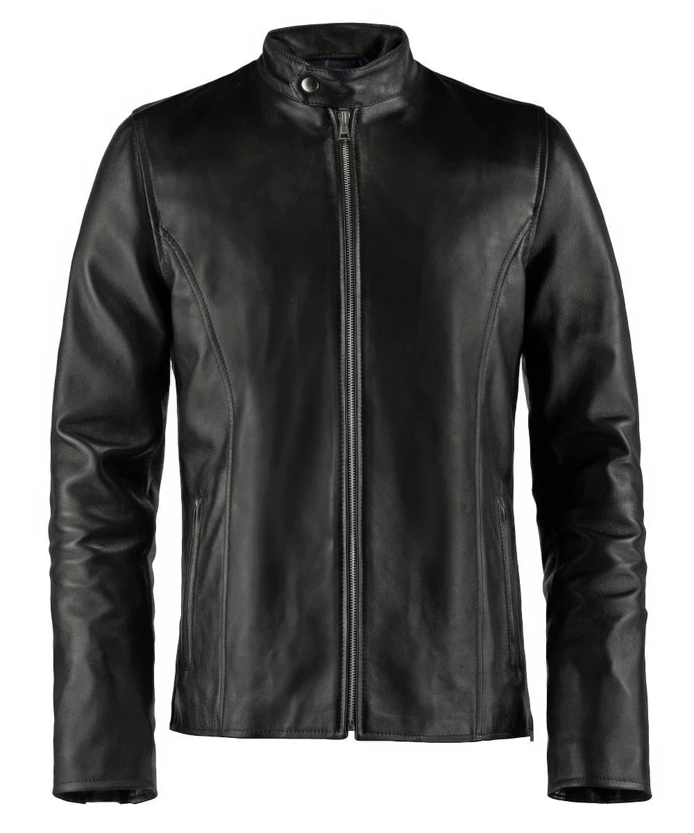 Black cafe racer style leather jacket for men with stand collar and zip front view