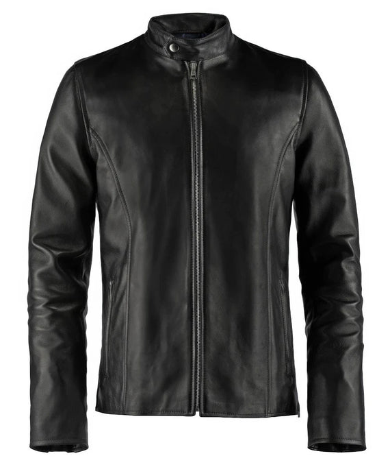 Black cafe racer style leather jacket for men with stand collar and zip front view
