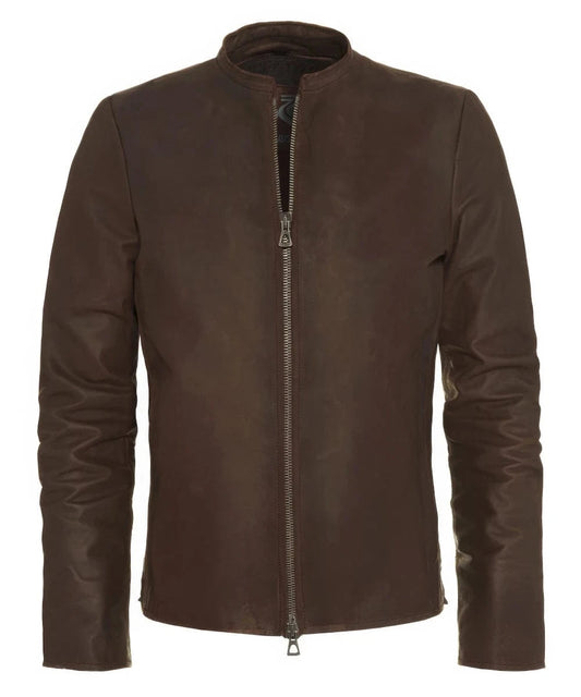 Vintage slim fit brown calf leather jacket with clean stand collar and zip front design
