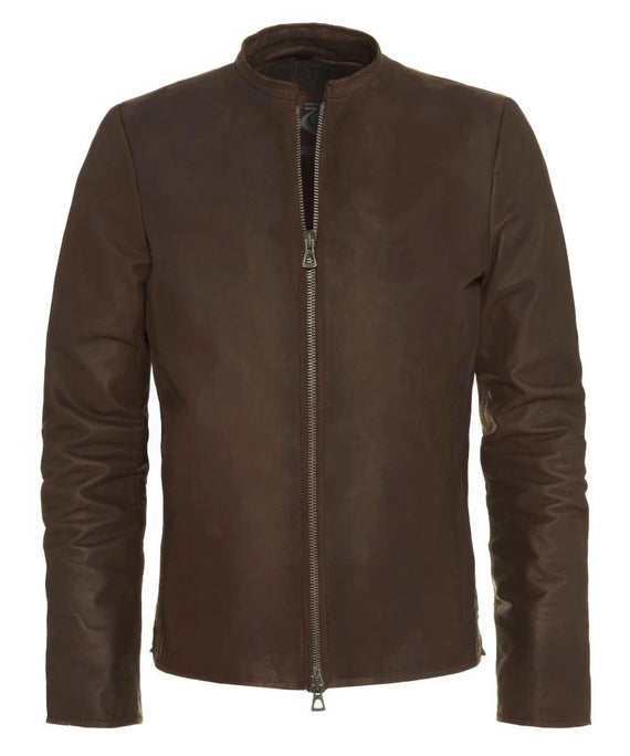 Vintage slim fit brown calf leather jacket with clean stand collar and zip front design