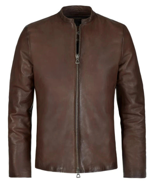 Slim fit brown leather jacket with zip front styling