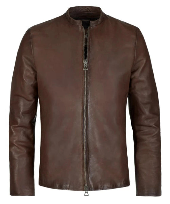Slim fit brown leather jacket with zip front styling